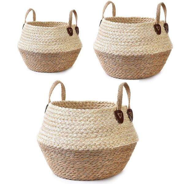 3pk Storage Basket Clothes Storage Basket Handmade Straw Flower Basket