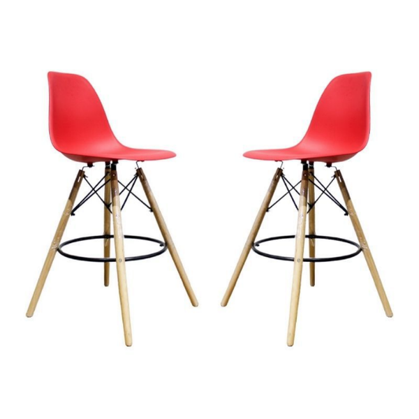 Wooden Leg Bar Chair- Pack Of 2- Red