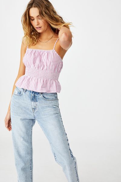 Women's Cotton On Dakota Shirred Crop Cami - Bethany Gingham Magenta