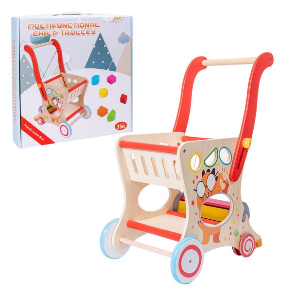 Baby Wooden Push Walker Shopping Cart Learning Toy Puzzles Christmas Gift