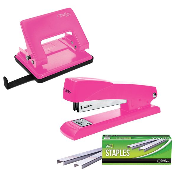 Treeline Metal Stapler &amp; Punch Combo + Box of Staples - Pink