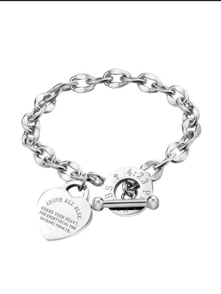 Classic Heart Engraved Toggle Clasp Stainless Steel Bracelet