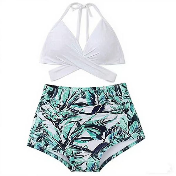 Women Vintage Swimsuit High Waisted Bikini Set Ruched Bath Suit - White - L