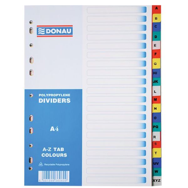 Donau File Divider, 20 Tab polypropylene printed (A - Z) Pack of 5
