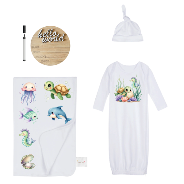 Newborn-Sleeping Bag, Swaddle, Hat, &amp; Birth Announce World-Coral Reef