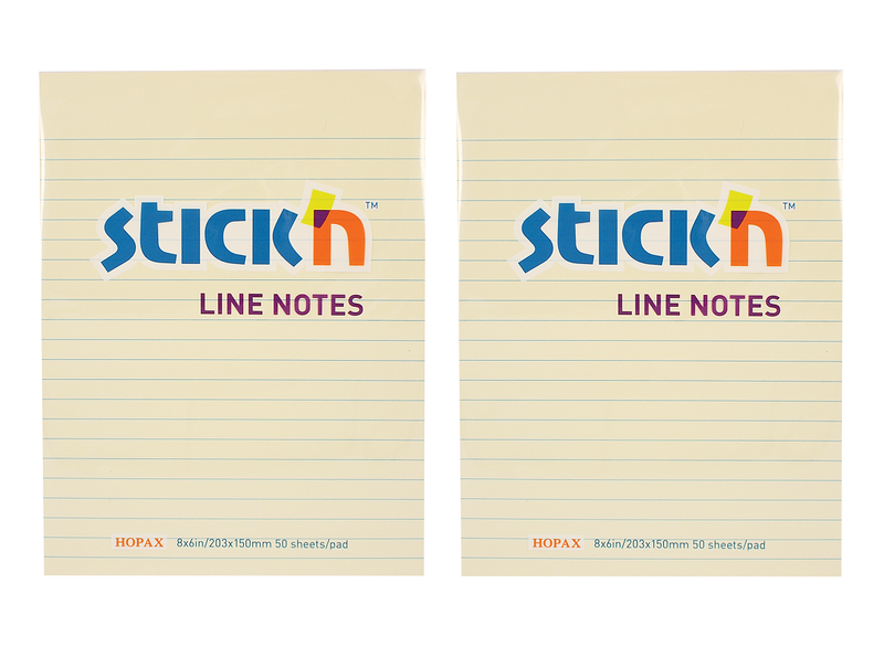 Stick'n Adhesive Sticky Notes Lined Pastel Yellow 203mm x 150mm - Pack 2
