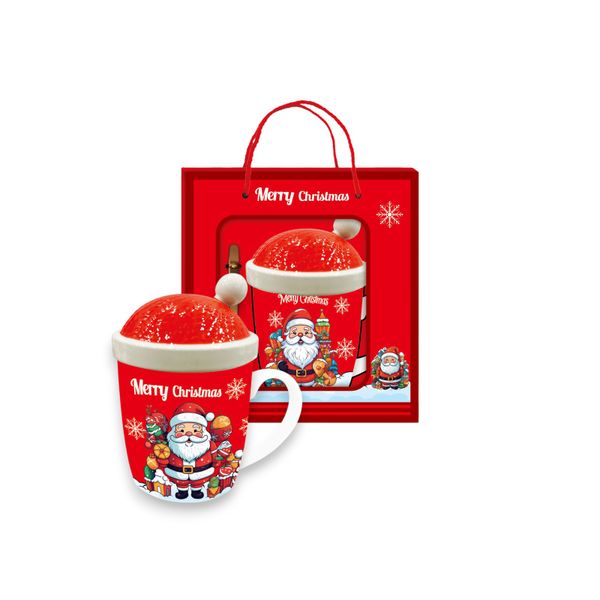 Red Merry Christmas Gift Cup With Lid and Stainless Steel Spoon