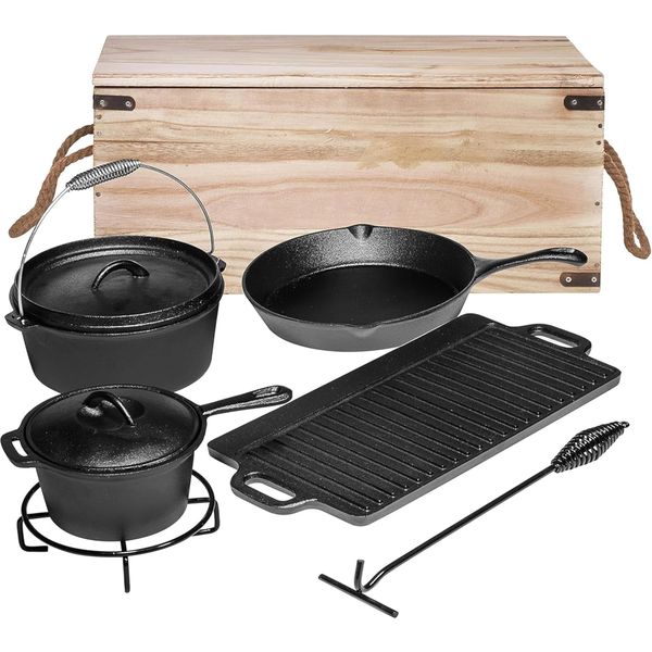 7 Pieces Camping Cooking Set Cast Iron Camping Kitchen Home Cookware Bakeware