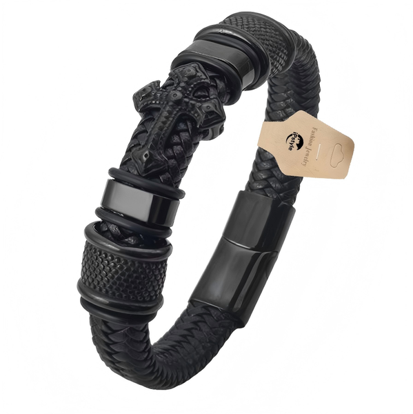 IPSTYLE Dark Series Men's Leather Cross Bracelet Fashion Hand-woven Rope