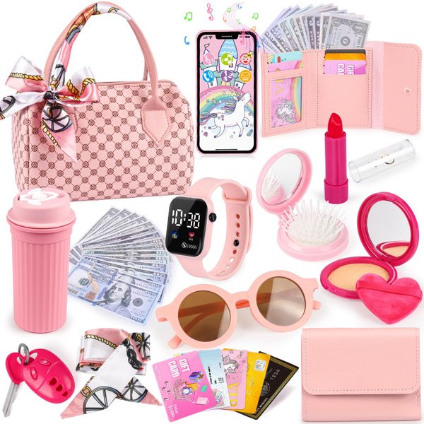 32PCS Toddler Purse with Pretend Makeup for Kids,Pink Gift box