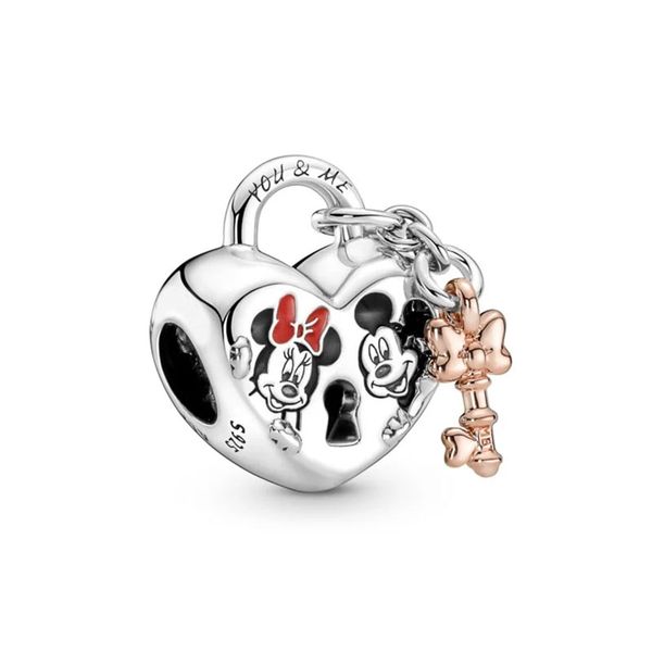 925 Sterling Silver Minnie and Micky Lock with Key Bracelet Charm / Pendant