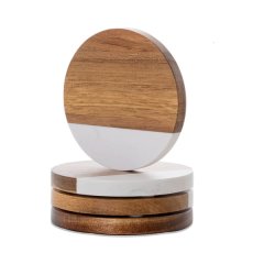 Marble and Acacia Wood Coasters Set of 4 Round Drink Coaster Set