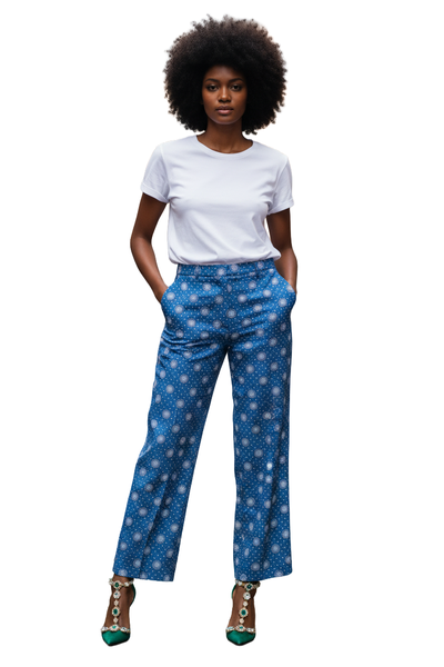 Women's Wide-Leg Seshweshwe Pants - Blue Printed Trousers with Pockets