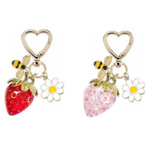 Cute Translucent Strawberry Daisy &amp; Bee Pendant Keychain - 2 Piece