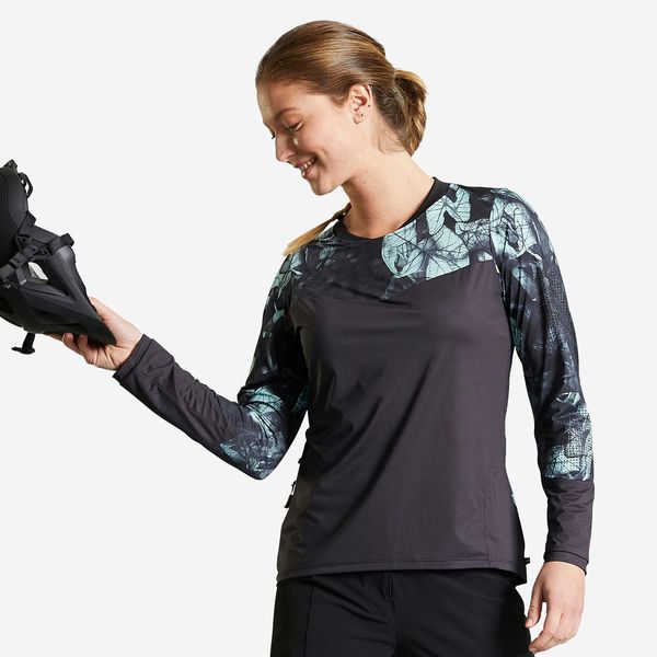 Rockrider Women's Long-Sleeved Mountain Biking Jersey Expl 500 - Black &amp; Green