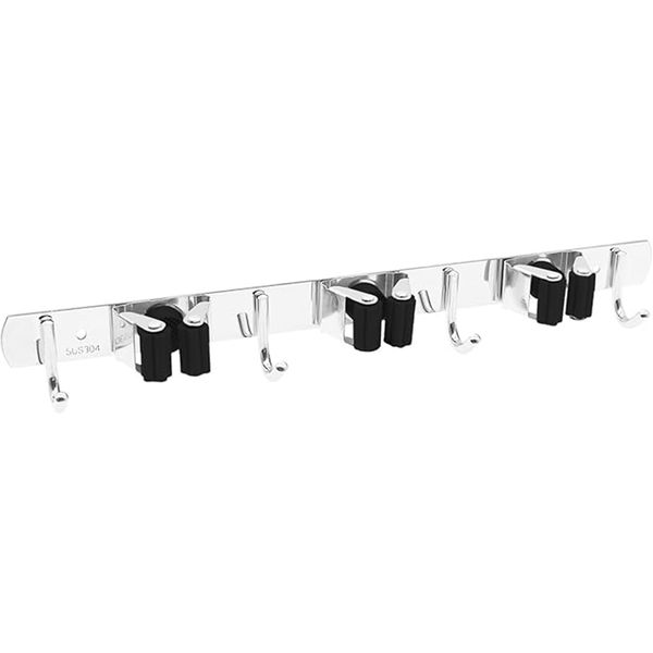 Mop and Broom Holder Wall Mounted with 3 Clips with 4 Hooks, 38x2.8x4CM