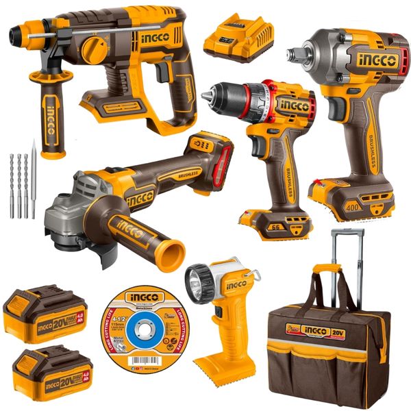 Ingco - Cordless Grinder, Drill, Wrench, Rotary Hammer, and Lamp Kit with Bag