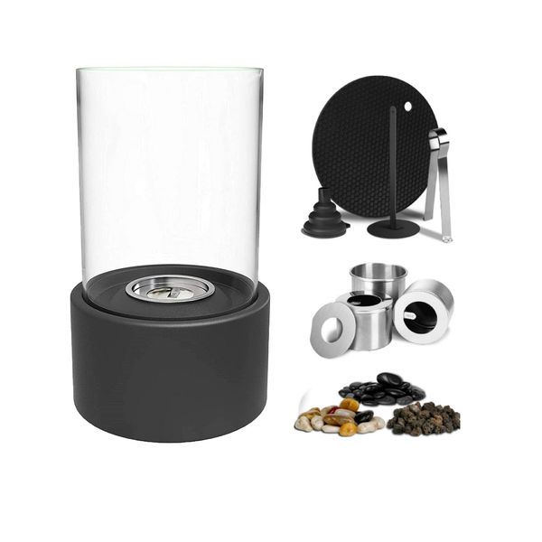 Small Tabletop Fire Pit Bowl with Black Stone &amp; Wind Proof Glass