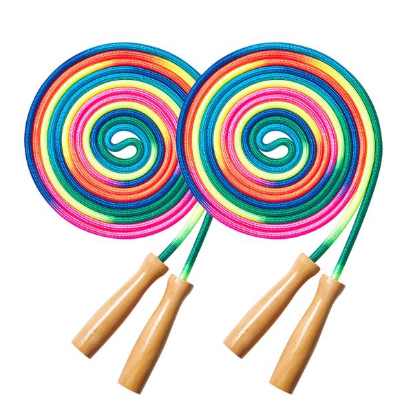 Double Dutch Jump Rope 2 Pack, 16ft Rainbow Rope with Wooden Handle