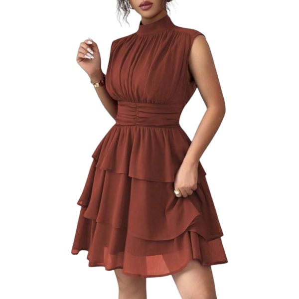 GlammeFab Summer Crinkle Fabric Waist Layered Mini Dress -Brown
