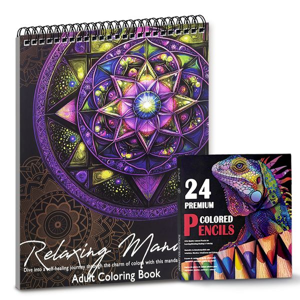 Relaxing Mandala Adult Coloring Book Set Includes 24Premium Colored Pencils