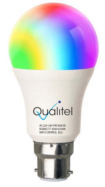 Qualitel Smart Light Bulb B22 -9W RGB Colours &amp; Cool + Warm White