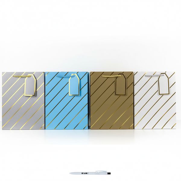 4 Pack Large Stylish Striped Gift Bags with Tags In 4 Colors + ReVibe Pen