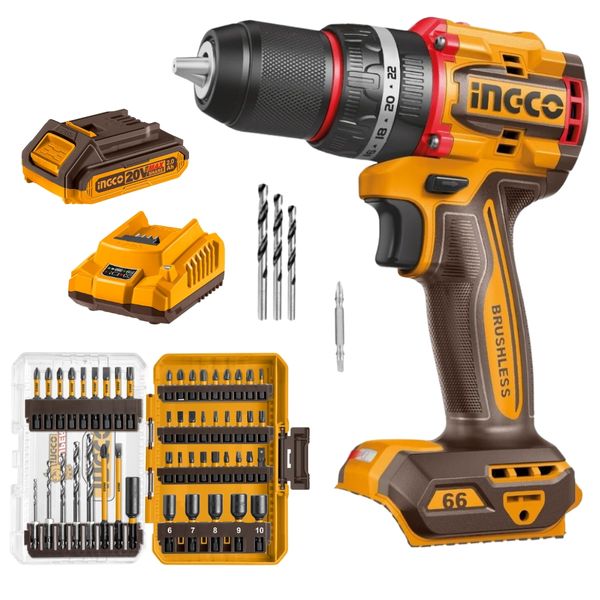 Ingco - Cordless Impact Drill 66Nm, 2Ah Battery, Charger &amp; 49Pc Bit Set