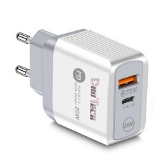 DigiTech USB Wall Charger/ Adapter - USB C + USB A - 2 Ports - 20W - White