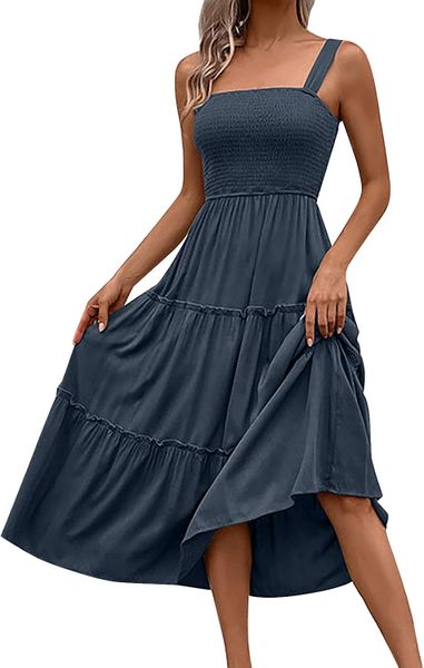 Women Summer Casual Flowy Tiered A Line Long Beach Travel Sundress - Grey