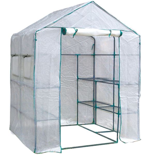 Walk-in multi-story greenhouse with white window cover and 4 shelves