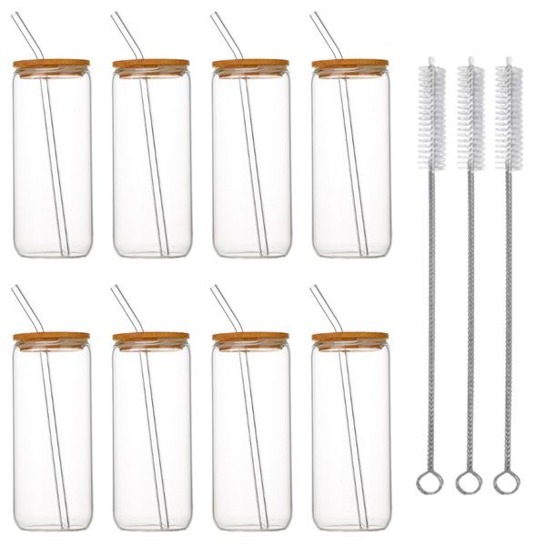 Bestby - 8 Pack Glass Drinking Cups with Bamboo Lids &amp; Glass Straws
