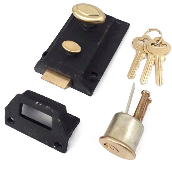 Brass Finish Front Door Lock Security Night Latch Rim Cylinder - Black