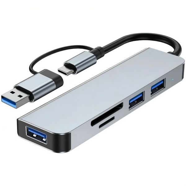 5 in 1 Aluminum USB-C Hub with Memory Card Reader 3 USB 3/2 Port, Expansion