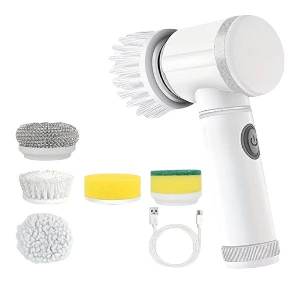 Multi-Purpose Electric Cleaning Brush With 5 Replaceable Heads - White