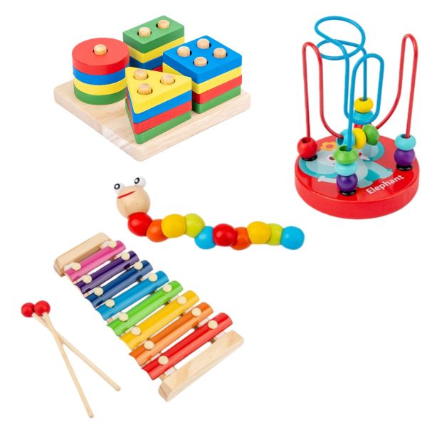 4Pieces Montessori-Inspired Wooden Set, Learning Toys for Toddlers 3 Years Old
