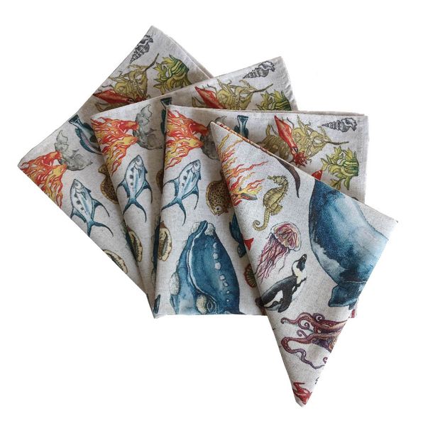 Vintage Ocean Creatures Animal Fabric Printed Napkins 45x45cm - Pack of 4