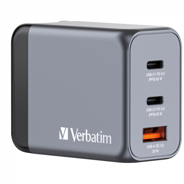 Verbatim GNC-65 Gan Charger 65w with 2 X Usb-C Pd 65w / 1 X Usb-a Qc 3.0