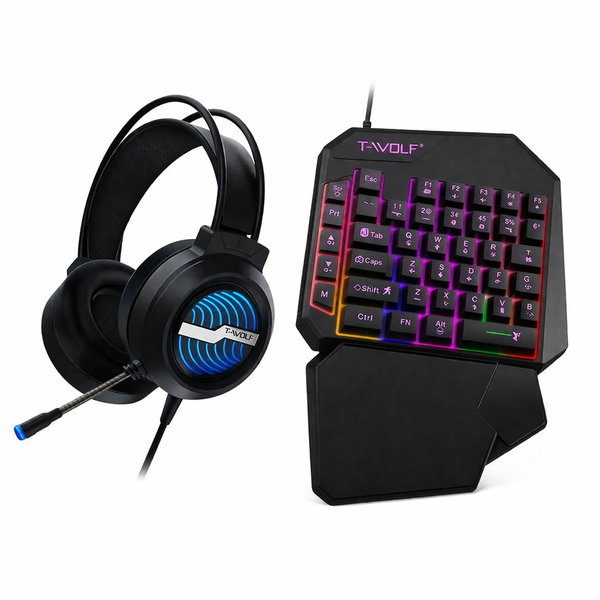 Gaming Headset RGB with Mic+One-Hand Gaming Keyboard Combo USB Wired T-Wolf