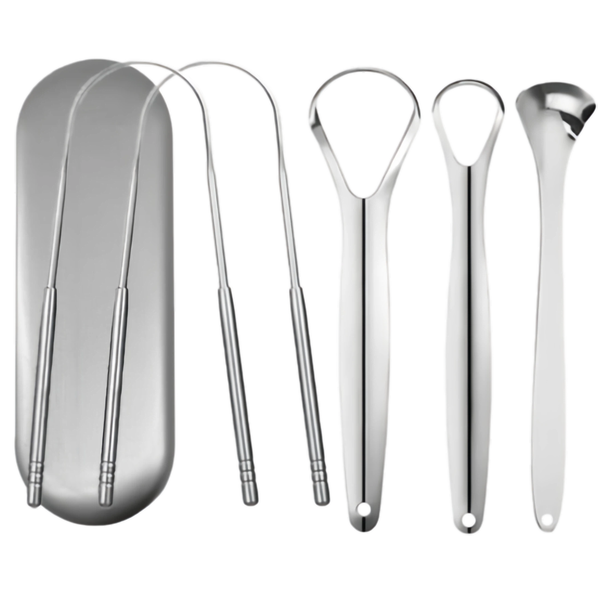 5-Piece Stainless Steel Tongue Scrapers Set with Travel Case for Oral