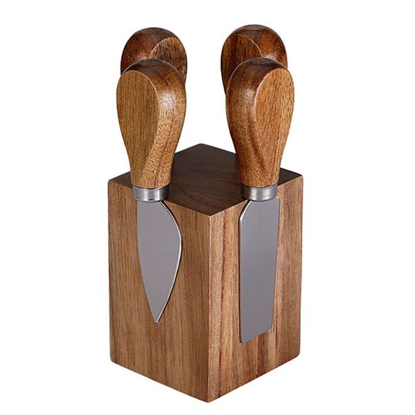 Acacia Wood Magnetic Cheese Knife Set - 5-Piece Block