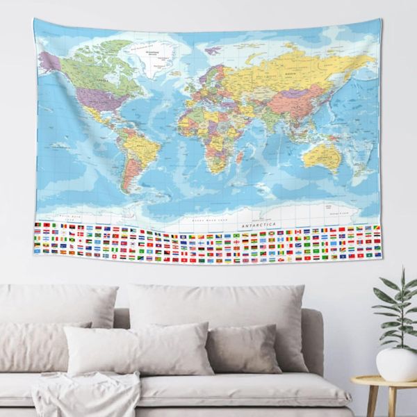 World Map Flag Tapestry Wall Hanging, Retro Decor, 40x60 in Polyester