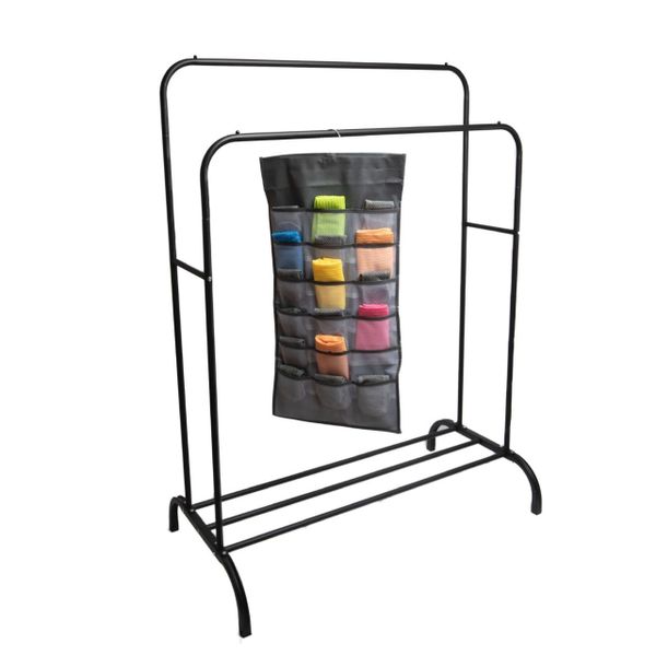 Double Pole Clothing Rail Holder Rack With Underwear Storage Organizer Set