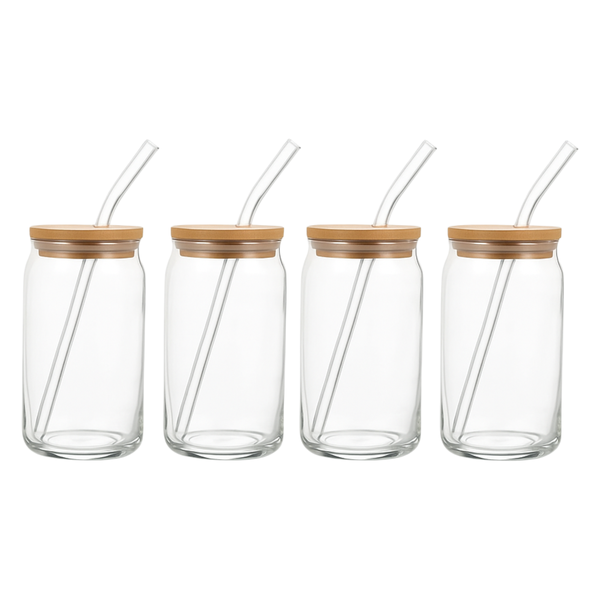 Set of 4 Can-Shaped Glasses - With Wooden Lids &amp; Straws