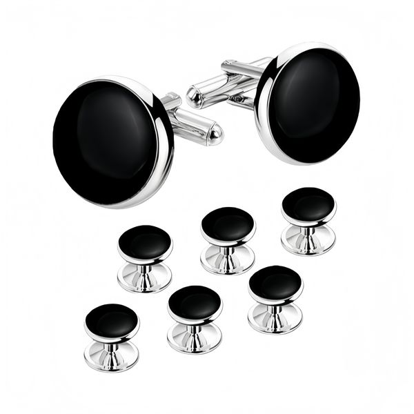 Men's Cufflinks And Stud Set, Tuxedo Shirt Cufflinks, Curved Round,Black