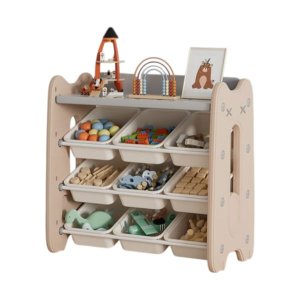 Kids Toy Storage Organizer 4 Tier Shelf with 12 Bins HDPE Coffee