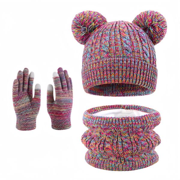 Kingdushi Winter Knit Hat Gloves Scarf Set For Kids,Warm Beanie with Pom