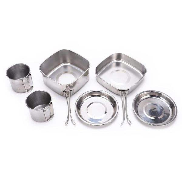 6 Piece Stainless Steel Camping Cookware Pot Pan Cups &amp; Bowls Set FX-9115-2