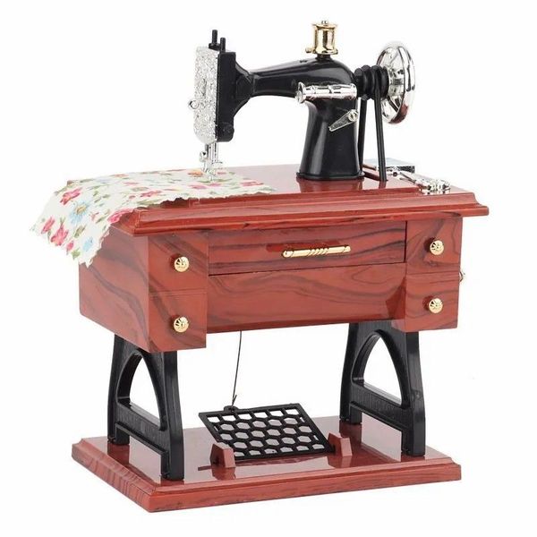 Vintage Wood-Look Mini Sewing Machine Music Box