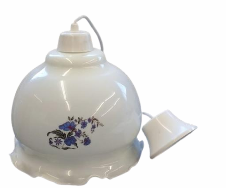 Scalloped White Pendant with Purple Flower Design